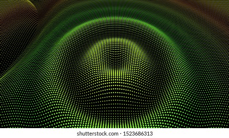 Particle 3D wavy ripple effect. Drip drop to surface. Background grid structure. Big data deep dance.