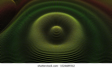 Particle 3D wavy ripple effect. Drip drop to surface. Background grid structure. Big data deep dance.