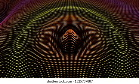 Particle 3D wavy ripple effect. Drip drop to surface. Background grid structure. Big data deep dance.