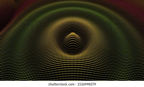 Particle 3D wavy ripple effect. Drip drop to surface. Background grid structure. Big data deep dance.