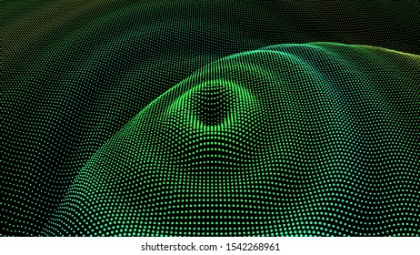 Particle 3D wavy ripple effect. Drip drop to surface. Background grid structure. Big data deep dance.
