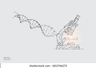 Particle art, geometry, lines, and dots. Vector graphic concept of science and microscope. The stroke weight can be modified.