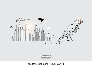 Particle art, geometry, lines, and dots. Vector graphic concept of environment. The stroke weight can be modified.