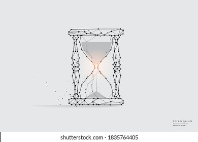 Particle art, geometry, lines, and dots. Vector graphic concept of sand watch and times. The stroke weight can be modified.