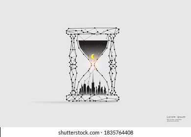 Particle art, geometry, lines, and dots. Vector graphic concept of sand watch and times. The stroke weight can be modified.