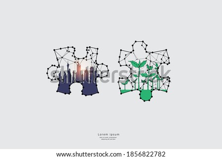 Particle art, geometry, lines, and dots. Vector graphic concept of Puzzle. The stroke weight can be modified.