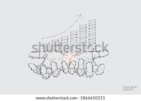 Particle art, geometry, lines, and dots. Vector graphic concept of business growth. The stroke weight can be modified.