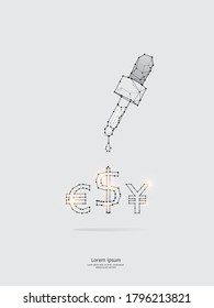 Arte de partículas, geometría, líneas y puntos. Concepto gráfico vectorial de moneda. Se puede modificar el peso del trazo.