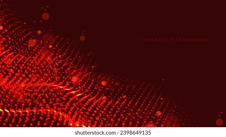 Particle background with dark red color in the background. Futuristic dot wave background.
