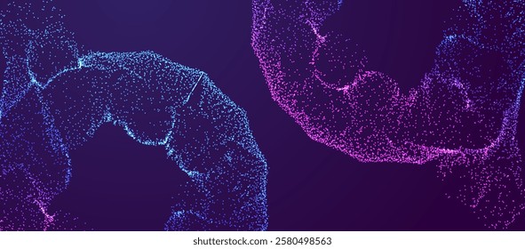 Particle banner. Ai technology background. Neon big data explode splash design. Light round science design. Artificial Intelligence futuristic network connect vector.