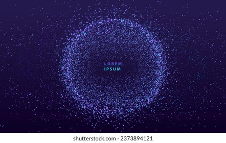 Particle burst dots glowing abstract background. Neon night luxury circle splash glitter design. Modern light cosmos technology vector.