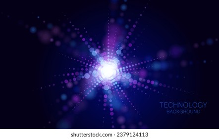 Particle burst liquid dots glowing abstract background. Neon explosion splash surface shapes design. Modern flash cyber light data technology and science vector.