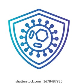 particle of covid 19 in shield, gradient line style icon vector illustration design