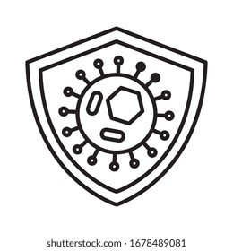 particle of covid 19 in shield, line style icon vector illustration design