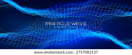 Particle data light with blue AI and 3D tech network for sound wave. Particular wavy artificial connections for science glow vectors and cyber neural abstracts.