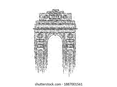Diseñar partículas en la puerta de la India en Nueva Delhi. Arco de triunfo y monumento de guerra de los años 20. Ilustración vectorial de arte de línea. 