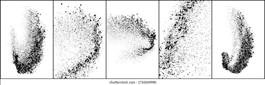Conjunto de textura granulada negra de explosión aislada sobre fondo blanco. Sobrecarga de polvo texturado. Partículas de ruido oscuras. Elementos de diseño gruesos. Ilustración vectorial, Eps 10.