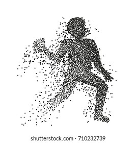 Particle divergent silhouette of american football player with a ball. Vector character illustration