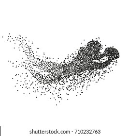 Particle divergent silhouette of american football player jumping with a ball. Vector character illustration