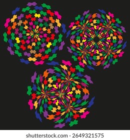 Aglomerado de partículas pontuais. Vetor de confete colorido. Trio de explosão espiral. Gráfico de plano de fundo preto.