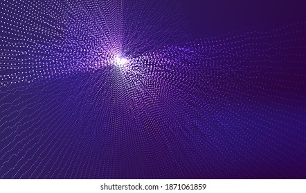 Los puntos de partículas brillan por el fondo abstracto. Diseño de las formas de superficie de la rejilla de neón. Tecnología moderna de la luz y vector científico.