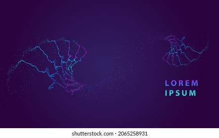 Particle dots glowing abstract background. Neon splash surface shapes design. Modern light technology and science vector.
