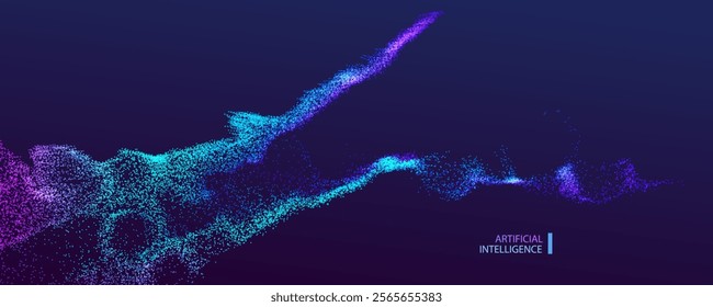 Particle dots glowing high tech banner background. Neon wave splash shapes design. Ai big data light technology and science vector.