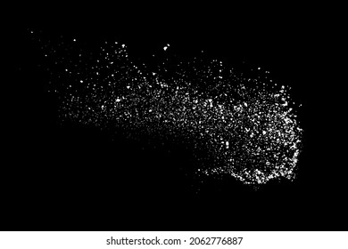 Particle dust splash spray scatter on abstract black background with white dot speckle. Vector illustration with explosion burst dispersion flying motion dynamic flow wave curve swirl trail effect