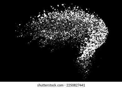 Particle dust splash spray scatter on abstract black background with white dot speckle. Vector illustration with explosion burst dispersion flying motion dynamic flow wave curve swirl trail effect