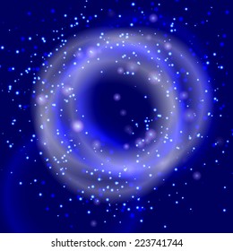 Particle effects in blue night sky. Round shape.
