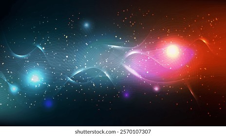 Particle flow dynamic background. Glowing waves of data connection ai with high speed neon shiny dust. Glitter star sparks and streak mesh swirls in dark space. Golden shimmer wireframe trail texture