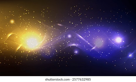 Particle flow dynamic background. Glowing waves of data connection ai with high speed neon shiny dust. Glitter star sparks and streak mesh swirls in dark space. Golden shimmer wireframe trail texture