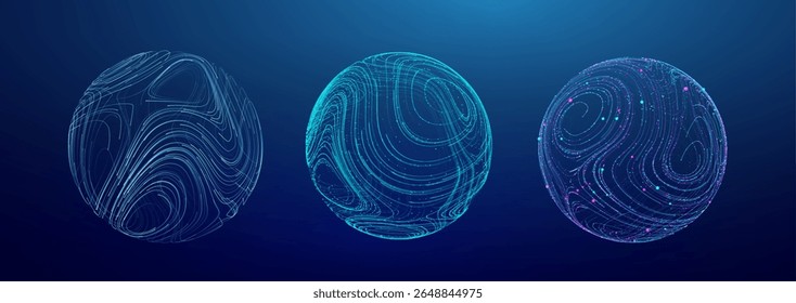 Particle globe AI abstract digital 3D data spheres with flowing particle lines and dots. Futuristic tech globes representing networks, science, and virtual connections.