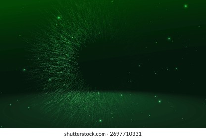 Particle green rotate circle with lighting effect sparkling on dark green background. Technology futuristics concept. Vector illustration