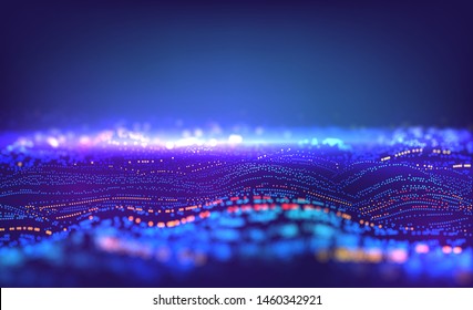 Particle grid abstract technology background. Data waves surface. Virtual lines