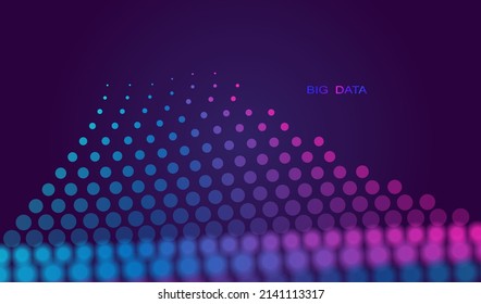 Particle halftone dots glowing abstract big data background. Neon splash surface shapes design. Modern light technology and science vector.