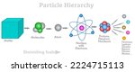 Particle hierarchy. Matter to quarks. Atom structure diminishing scale infographic. Molecules, electron, neutron, hadron, proton. nuclear anatomy model. Fermions, lepton, quark, gluons, muons. Vector