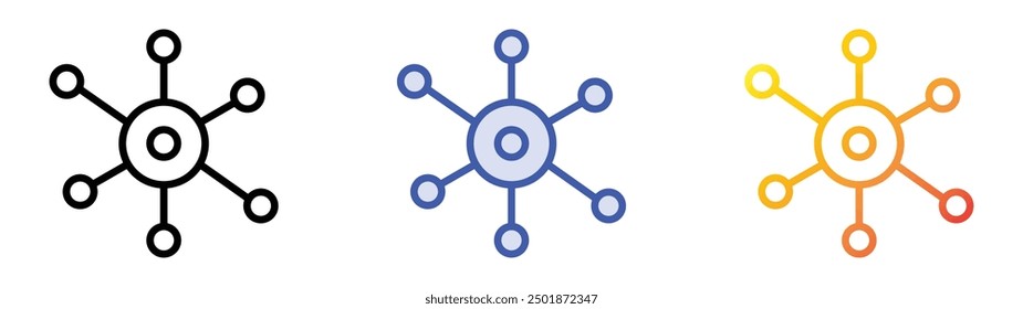 icono de partícula. Lineal, relleno azul y diseño de estilo degradado aislado sobre fondo blanco