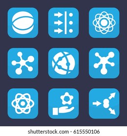 Particle icon. set of 9 filled particle icons such as atom, atom move