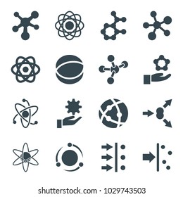 Particle icons. set of 16 editable filled particle icons such as atom, atom move