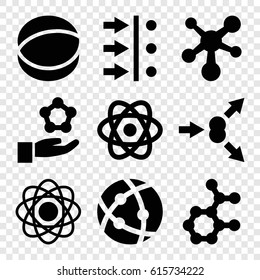 Particle icons set. set of 9 particle filled icons such as atom, atom move