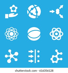 Particle icons set. set of 9 particle filled icons such as atom, atom move