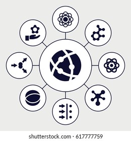 Particle icons set. set of 9 particle filled icons such as atom, atom move
