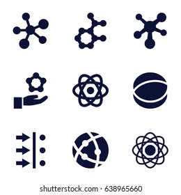 Particle icons set. set of 9 particle filled icons such as atom, atom move