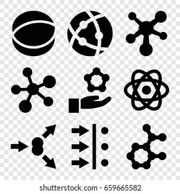 Particle icons set. set of 9 particle filled icons such as atom, atom move