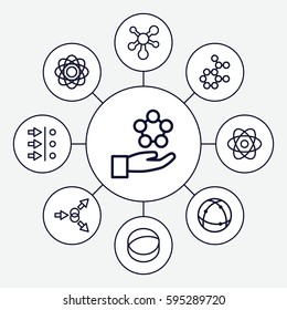 particle icons set. Set of 9 particle outline icons such as atom, atom move