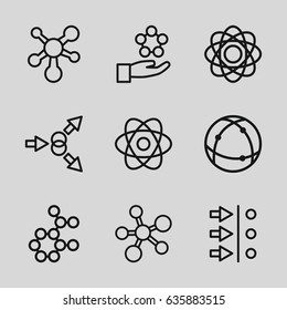 Particle icons set. set of 9 particle outline icons such as atom, atom move