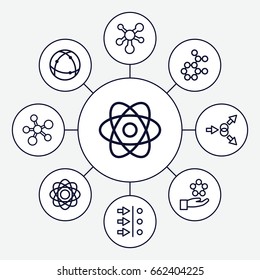 Particle icons set. set of 9 particle outline icons such as atom, atom move