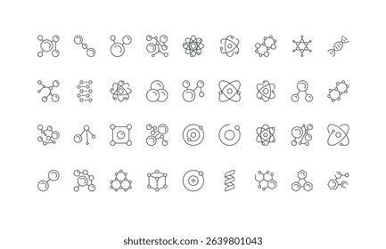 Particle models for medical and chemistry, biotech research thin black symbols vector illustration. Molecular structure, cell and network of chemical compound, molecule and atom line icon set.