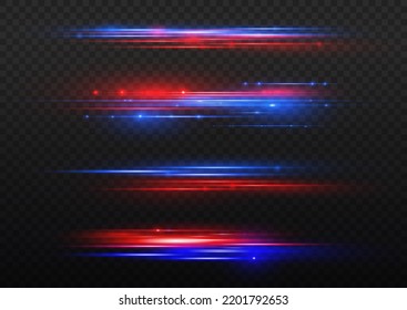 Particle motion effect. Magic of moving fast lines. Red blue special effect, speed police line. Laser beams, horizontal light rays. Beautiful glow light flare and spark. Vector illustration.